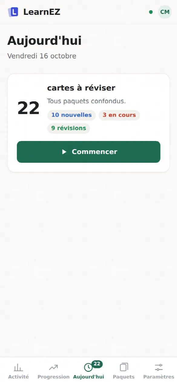 Écran « Aujourd’hui » : 22 cartes à réviser, bouton Commencer